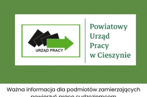 Na zielonym tle znajduje się grafika z logiem Powiatowego Urzędu Pracy w Cieszynie. Pod spodem znajduje się tekst: Ważna informacja dla podmiotów zamierzających powierzyć pracę cudzoziemcom.