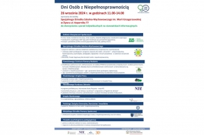  Plakat informuje o wydarzeniu "Dni Osób z Niepełnosprawnością", które odbędzie się 26 września 2024 roku w Specjalnym Ośrodku Szkolno-Wychowawczym im. Marii Grzegorzewskiej w Żywcu. W trakcie wydarzenia będą dostępne stoiska informacyjne różnych instytucji, oferujące porady dotyczące m.in. programów profilaktycznych, świadczeń socjalnych, pomocy psychologiczno-pedagogicznej, ulg podatkowych oraz wsparcia dla osób z niepełnosprawnościami.