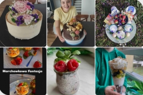 Kolorowa mozaika zdjęć prezentująca desery przygotowane przez uczniów: eleganckie torty z kwiatami, chia z malinami, efektowne desery w szklankach, kompozycje z jogurtami i truskawkami, a także "Marchewkowa Fantazja" w słoiczkach.