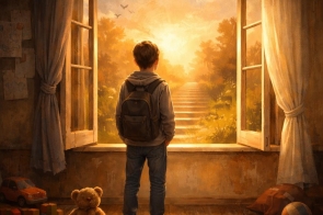 W pomieszczeniu stoi chłopiec z plecakiem i patrzy przez otwarte okno na jasny krajobraz ze schodami prowadzącymi w stronę światła. Wokół na podłodze znajdują się zabawki, m.in. pluszowy miś, klocki, samochodzik i piłka. Po bokach okna wiszą zasłony.