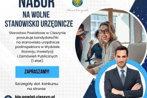 Grafika przedstawiająca dwie postacie - uśmiechniętą kobietę w jasnym swetrze oraz mężczyznę w garniturze.Zdjęcia obu osób znajdują się w okrągłych ramkach.Z lewej strony tekst informacyjny dotyczący konkursu na wolne stanowisko pracy.