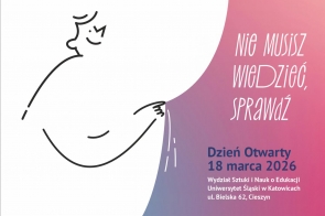 Profil postaci narysowanej prostą linią, która wskazuje ręką w prawo. Obok znajduje się napis „Nie musisz wiedzieć, sprawdź”, a poniżej informacje o Dniu Otwartym wraz z adresem.