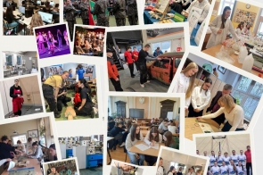 Kolaż zdjęć pokazujących uczniów podczas różnych zajęć szkolnych i praktycznych, m.in. w pracowniach komputerowych i laboratoryjnych, na zajęciach technicznych, podczas ćwiczeń z pierwszej pomocy, występów artystycznych oraz wydarzeń szkolnych.