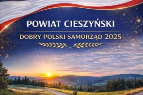 Grafika - Powiat Cieszyński Dobry Polski Samorząd. Na dole zdjęcie z widokiem na góry. 