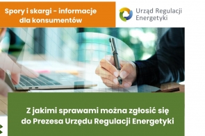 Grafika promująca informacje dla konsumentów na temat sporów i skarg związanych z usługami energetycznymi, przedstawiająca osobę korzystającą z laptopa i piszącą długopisem, z napisami wskazującymi na Urząd Regulacji Energetyki oraz dostępne opcje skarg i zgłoszeń.