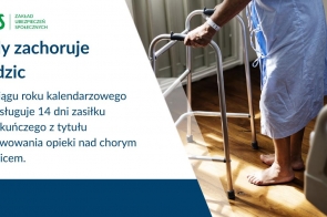 Starsza osoba w szpitalnej koszuli idzie boso z balkonikiem po drewnianej podłodze, obok fragment łóżka i okno, a po lewej duży tekst ZUS informujący o 14 dniach zasiłku opiekuńczego na opiekę nad chorym rodzicem.