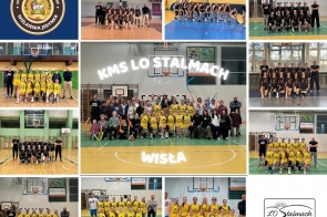 Kolaż zdjęć prezentuje różne drużyny koszykówki, m.in. Wisła, KMS LO Stalmach, które pozują w hali sportowej. Zawodnicy w jednolitych strojach sportowych, z trenerami, na tle koszykówki i logotypów klubów.