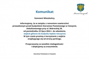 Uwaga! Wejście główne do budynku Starostwa przy ul. Bobreckiej jest nieczynne! - zdjęcie wyróżniające