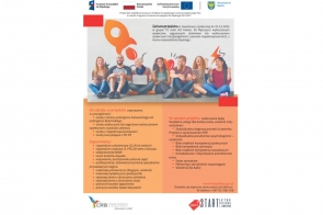 Plakat informacyjny projektu „Nowy start – aktywni społecznie i zawodowo”. U góry logotypy Funduszy Europejskich, RP, UE i Województwa Śląskiego. W centralnej części zdjęcie grupy uśmiechniętych osób. Poniżej informacje o wsparciu, świadczeniach i kontakcie.