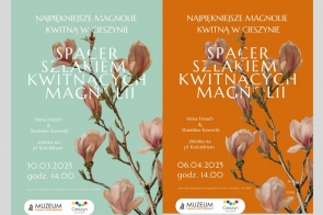 Dwa plakaty zapowiadają wydarzenie „Spacer szlakiem kwitnących magnolii” w Cieszynie. Spacer poprowadzą Irena French i Stanisław Kawecki. Terminy: 30 marca i 6 kwietnia 2025, godz. 14:00, zbiórka na pl. Kościelnym. Tło plakatu zdobią malowane magnolie.
