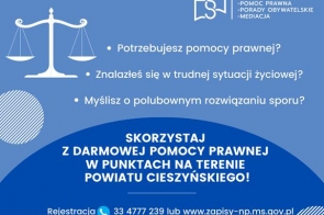 Waga symbolizująca sprawiedliwość, hasła zachęcające do skorzystania z darmowej pomocy prawnej, obywatelskiej i mediacji w Powiecie Cieszyńskim. Podane dane kontaktowe do rejestracji telefonicznej i online.