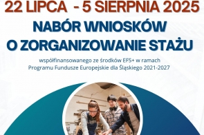 Nabór wniosków o zorganizowanie stażu od 22 lipca do 5 sierpnia 2025, współfinansowanego ze środków EFS+ w ramach programu dla Śląskiego. U góry loga instytucji, na dole zdjęcie zespołu uczącego się pracy stolarskiej.