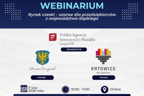 Grafika informująca o webinarium dla przedsiębiorców.Na środku loga organizatora i partnerów.U góry nazwa wydarzenia, u dołu tekst informacyjbny.Tło jasne, u góry i u doły pasy w kolorze granatowym .