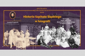 Archiwalne zdjęcia personelu medycznego na tle Szpitala Śląskiego w Cieszynie. Informacja o Spotkaniu Szersznikowskim 2025 pt. „Historia Szpitala Śląskiego w fotografii”, które odbędzie się 30.04.2025 w Muzeum Śląska Cieszyńskiego.