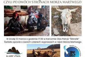 Grafika z trzema zdjęciami z regionu Izraela i Jordanii.U góry tekst z tytułem prelekcji, u dołu logo organizatora i prelegenta.