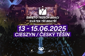 Grafika zapraszająca na Swięto Trzech braci w dniach 13 do 15 czerwca 2025 roku w Cieszynie i Czeskim Cieszynie