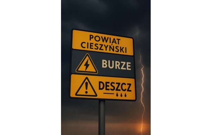 Znak ostrzegawczy z napisem „Powiat Cieszyński” informuje o niebezpiecznych zjawiskach pogodowych: burzach (ikona błyskawicy) i intensywnym deszczu (ikona kropli). W tle widać ciemne chmury, błyskawicę i padający deszcz.