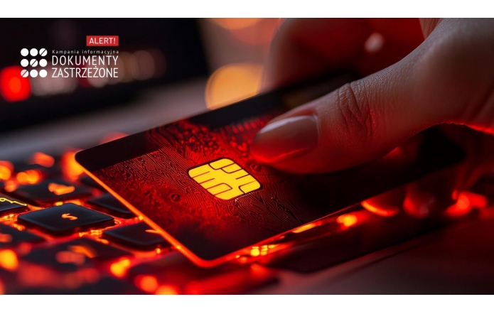 Ciemne tło z intensywnym czerwonym oświetleniem podkreśla ostrzegawczy charakter grafiki. W centrum dłoń trzymająca kartę płatniczą, której mikroprocesor odbija światło, nadając jej nowoczesny wygląd. Klawiatura laptopa w tle jest podświetlona na czerwono, co nawiązuje do cyberzagrożeń. W górnym lewym rogu biały tekst kampanii ostrzegawczej o dokumentach zastrzeżonych z napisem "ALERT!".