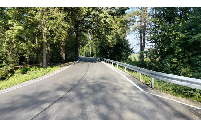 Asfaltowa droga otoczona drzewami z metalowymi barierkami ochronnymi po prawej stronie. Na jezdni widoczne jest oznakowanie liniowe, a w tle widać fragment zieleni i niebo.