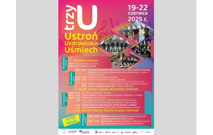 Kolorowe tło z gradientem, duży biały napis „trzyU” i hasło „Ustroń, Uzdrowisko, Uśmiech”. Po lewej stronie szczegółowy program wydarzenia, po prawej zdjęcia wykonawców, daty 19–22 czerwca 2025 i informacja o wstępie wolnym.