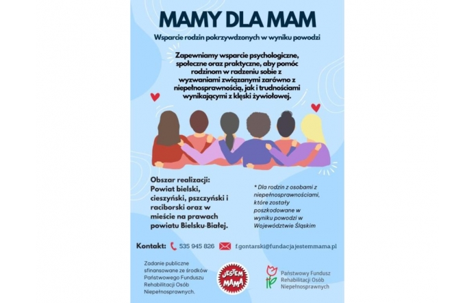 Program „Mamy dla Mam” zapewnia wsparcie psychologiczne, społeczne i praktyczne rodzinom z osobami z niepełnosprawnościami, które ucierpiały w wyniku powodzi na Śląsku. Działa w powiatach bielskim, cieszyńskim, pszczyńskim, raciborskim i w Bielsku-Białej.