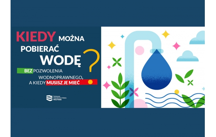 Po lewej stronie znajduje się duży napis „Kiedy można pobierać wodę?”, a po prawej ilustracja kranu, kropli wody, fal i zielonych roślin.