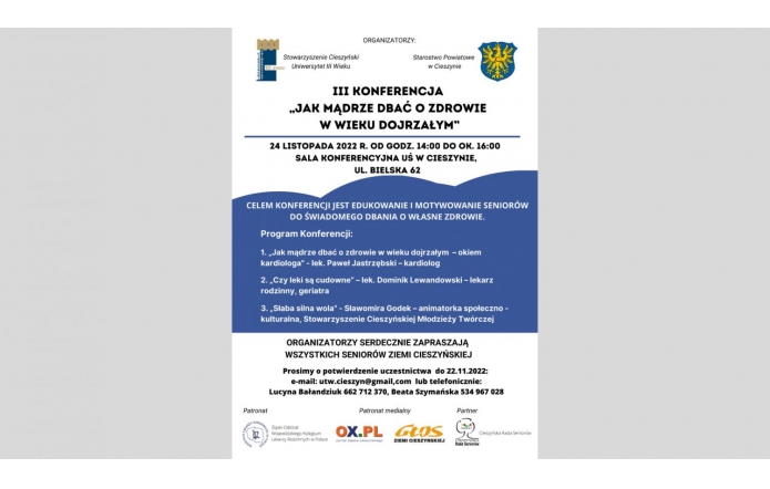 Zaproszenie dla Seniorów  do udziału w III Konferencji "Jak dbać o zdrowie w wieku dojrzałym"