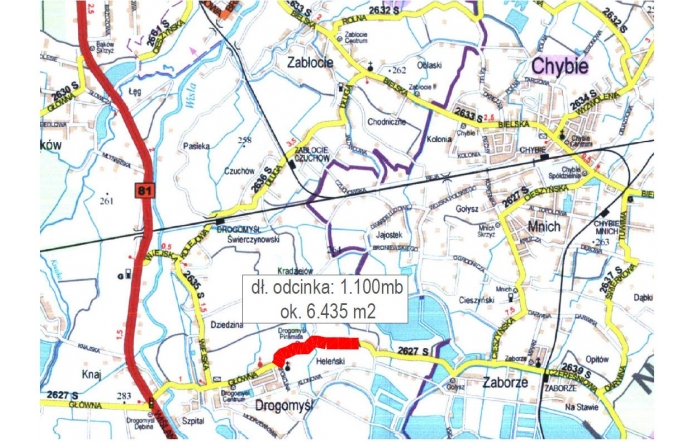 Mapa Drogomyśla z zaznaczonym na czerwono odcinkiem ul. Głównej (DP 2627 S), na którym w dniach 13–14 października 2025 r. planowany jest remont nawierzchni bitumicznej i czasowe zamknięcie drogi.