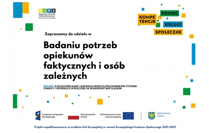 Białe tło z kolorowymi kwadracikami w odcieniach żółci, zieleni i niebieskiego. Na środku znajduje się tekst zapraszający do udziału w badaniu, a na dole widoczne są logotypy instytucji oraz informacja o współfinansowaniu projektu ze środków Unii Europejskiej.