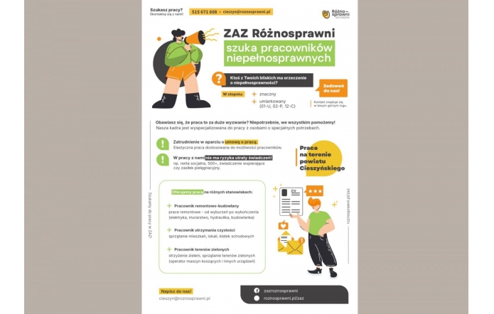 Grafika zawiera informacje o poszukiwaniu pracowników z niepełnosprawnościami, dane kontaktowe, oferowane stanowiska oraz ilustracje postaci z megafonem i dokumentem CV.