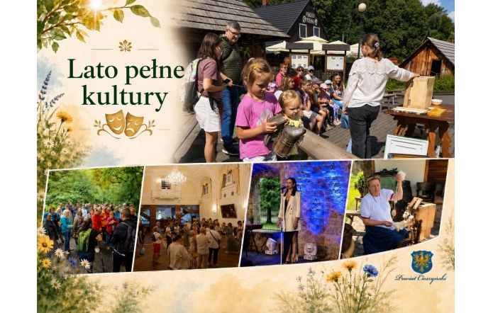 Grafika promująca „Lato pełne kultury”, utrzymana w jasnej kolorystyce z motywami kwiatów. Zawiera kolaż zdjęć z wydarzeń kulturalnych, m.in. warsztatów dla dzieci, spotkań plenerowych, koncertu i pokazu rękodzieła.