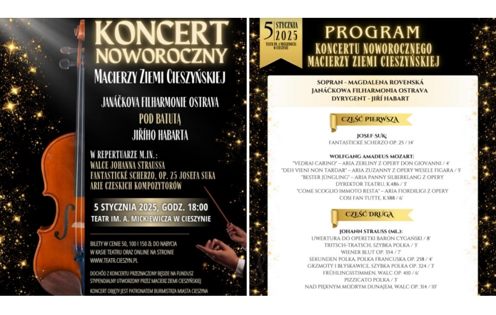 Grafika składa się z dwóch części. Po lewej stronie widnieje czarny plakat z elementami złotego brokatu, na którym wyróżnia się duży napis „Koncert Noworoczny” oraz szczegóły wydarzenia, takie jak data, miejsce, repertuar i informacje o wykonawcach. Obok widnieje program koncertu podzielony na części, napisany na jasnym tle ze złotymi akcentami, zawierający nazwiska wykonawców, tytuły utworów oraz ich czas trwania. Dominują eleganckie, złote i czarne elementy podkreślające prestiż wydarzenia.