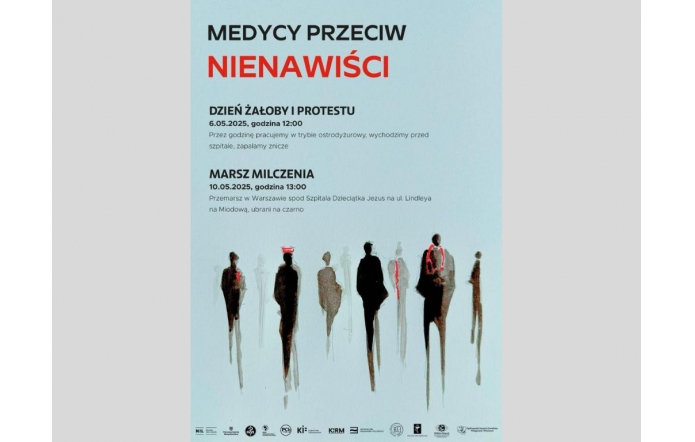 Plakat informuje o inicjatywie „Medycy przeciw nienawiści” i zapowiada dwa wydarzenia: Dzień Żałoby i Protestu oraz Marsz Milczenia. Utrzymany jest w stonowanej kolorystyce, z wyraźnym czerwonym akcentem w haśle głównym. Tło stanowi ilustracja sylwetek ludzkich, co nadaje całości symboliczny, refleksyjny charakter. Układ treści jest przejrzysty, z wyraźnie zaznaczonymi datami i godzinami wydarzeń.
