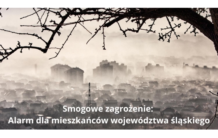 Mglista sceneria przedstawiająca widok na miasto spowite smogiem. W tle zarysowują się wysokie budynki mieszkalne i kominy przemysłowe, a na pierwszym planie widoczne są gałęzie drzewa. Napis w dolnej części grafiki: „Smogowe zagrożenie: Alarm dla mieszkańców województwa śląskiego”.