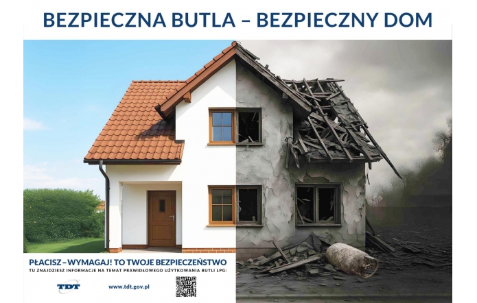 Zadbana, biała połowa domu kontrastuje z drugą – zrujnowaną przez eksplozję butli gazowej. Przekaz jest prosty: właściwie użytkowana butla to bezpieczny dom, zaniedbania mogą skończyć się katastrofą.