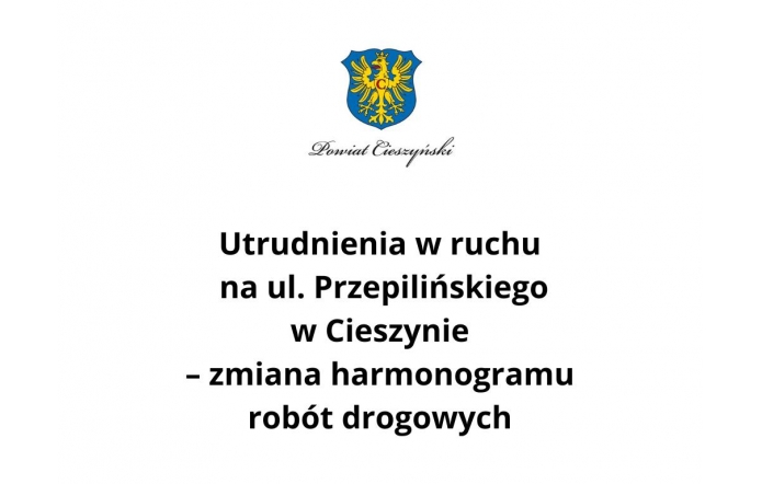 Treść graficzna ma czytelny kontrast – czarny tekst na białym tle oraz wyraźne, duże litery. Umieszczone centralnie logo Powiatu Cieszyńskiego może jednak sprawiać trudność użytkownikom z dysleksją ze względu na ozdobną czcionkę podpisu.