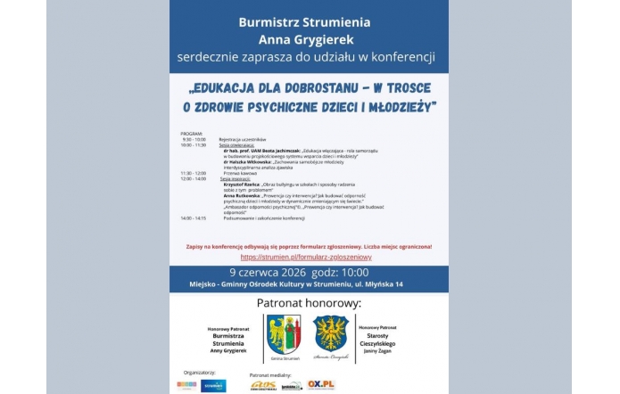 Plakat w odcieniach niebieskiego, białego i czerwonego zawiera zaproszenie na konferencję . Na grafice umieszczono informacje o wydarzeniu. W dolnej części widoczne są kolorowe herby i znaki instytucji współorganizujących wydarzenie.
