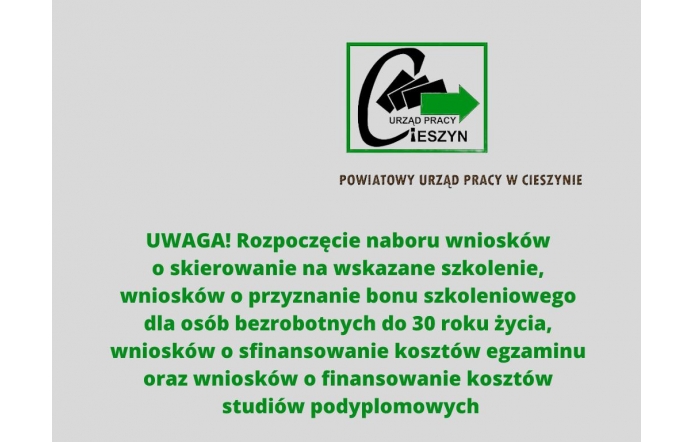 UWAGA! Rozpoczęcie naboru wniosków o skierowanie na wskazane szkolenie, wniosków o przyznanie bonu szkoleniowego dla osób bezrobotnych do 30 roku życia, wniosków o sfinansowanie kosztów egzaminu oraz wniosków o finansowanie kosztów studiów podyplomowych