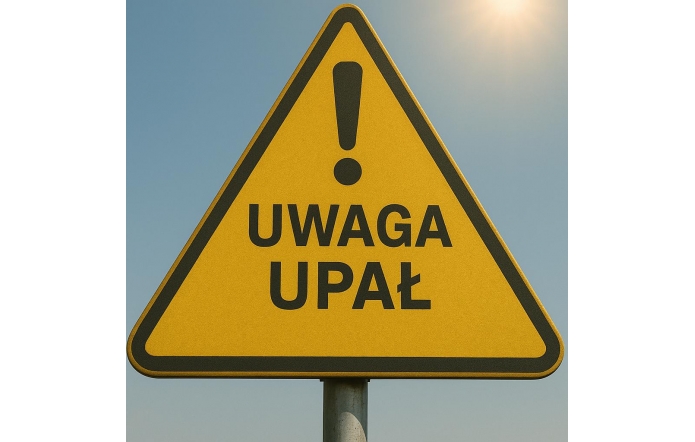 Żółty, trójkątny znak ostrzegawczy z czarnym obramowaniem i napisem „Uwaga upał” pod dużym wykrzyknikiem, ustawiony na tle błękitnego nieba z widocznym w rogu słońcem.