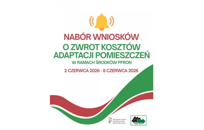 Grafika informacyjna na białym tle zawiera komunikat o naborze wniosków. W centralnej części umieszczono duży napis w kolorach czerwonym i zielonym oraz termin składania wniosków. U góry znajduje się żółta ikona dzwonka.