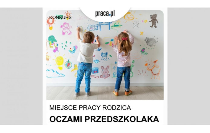 Dwoje małych dzieci, chłopiec i dziewczynka, stoi tyłem do aparatu, rysując na dużej białej ścianie pełnej kolorowych obrazków. Ilustracje przedstawiają różne przedmioty, zwierzęta, zabawki i elementy codziennego życia widziane oczami dziecka. Nad nimi znajduje się logo „praca.pl” oraz napis informujący o konkursie „Miejsce pracy rodzica oczami przedszkolaka”. Wokół panuje ciepła, kreatywna atmosfera.