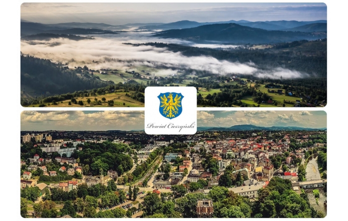 Dwa poziome zdjęcia, na górnym górski, spowity mgłą, krajobraz, na dolnym panorama miasta Cieszyna. Na środku herb powiatu cieszyńskiego.