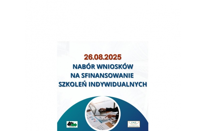Grafika informacyjna ogłasza, że 25.08.2025 rusza nabór wniosków na sfinansowanie szkoleń indywidualnych. Na dole widnieją loga Urzędu Pracy oraz Centrum Aktywizacji Zawodowej.