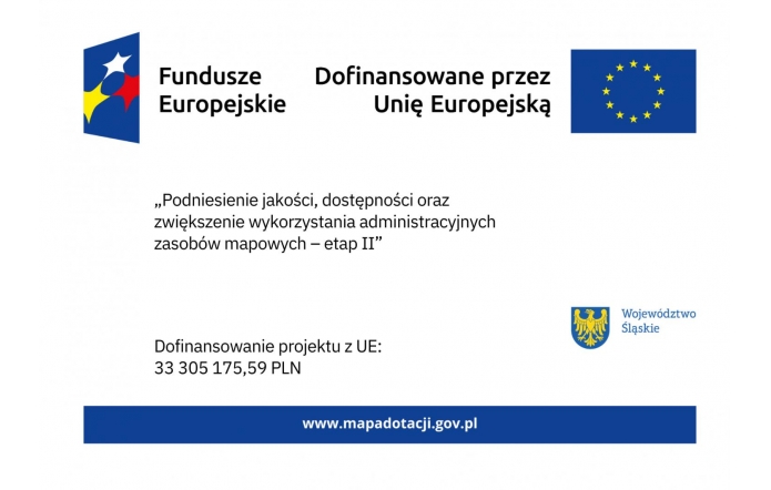 Na białym tle widoczne są logotypy Funduszy Europejskich oraz Unii Europejskiej z flagą UE. Pośrodku znajduje się tytuł projektu „Podniesienie jakości, dostępności oraz zwiększenie wykorzystania administracyjnych zasobów mapowych – etap II” oraz informacja o dofinansowaniu z UE w wysokości 33 305 175,59 PLN. W prawym dolnym rogu umieszczono herb i nazwę Województwo Śląskie, a na dole adres strony.