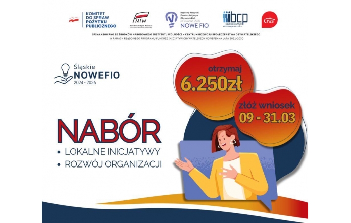 Na jasnym tle widoczne są logotypy. Po lewej stronie znajduje się napis „Śląskie NOWEFIO 2024–2026”. Centralnie umieszczono duży napis „NABÓR” oraz hasła „Lokalne inicjatywy” i „Rozwój organizacji”. Po prawej stronie widoczne są informacje „otrzymaj 6.250 zł” oraz „złóż wniosek 09–31.03”. W dolnej części znajduje się ilustracja kobiety oraz dekoracyjne elementy graficzne.