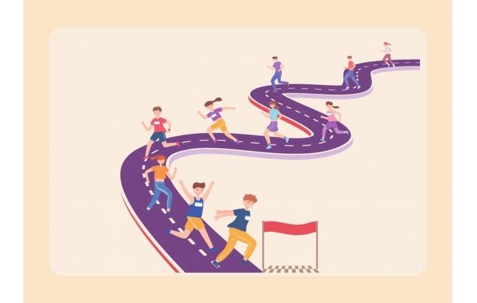 Ilustracja przedstawia grupę dzieci biegnących po krętej drodze w kierunku mety oznaczonej czerwoną flagą. Droga jest fioletowa, z białymi liniami, wijąca się przez całą przestrzeń obrazu. Dzieci w kolorowych ubraniach biegną z uśmiechami, symbolizując aktywność fizyczną i radość z udziału w sportowej rywalizacji. Tło jest pastelowe, utrzymane w jasnych odcieniach.