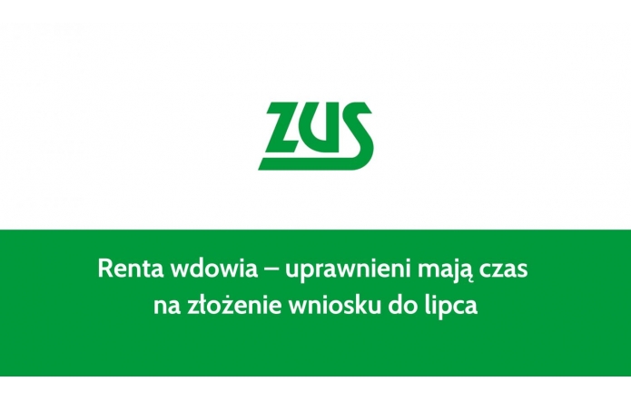 Grafika o prostym układzie, z dominującym białym tłem i zielonym pasem na dole. Na górze widnieje logo ZUS w kolorze zielonym. W dolnej części na zielonym tle znajduje się napis: „Renta wdowia – uprawnieni mają czas na złożenie wniosku do lipca”, wyróżniający się prostą, czytelną czcionką.