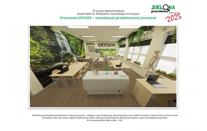 Jasne wnętrze nowoczesnej pracowni biologicznej. Na ścianie duża fototapeta z wodospadem otoczonym zielenią. Pod oknami rzędy doniczek z roślinami. W centralnej części sali stoły i krzesła ustawione w grupach. Na biurkach laptopy i przybory naukowe.