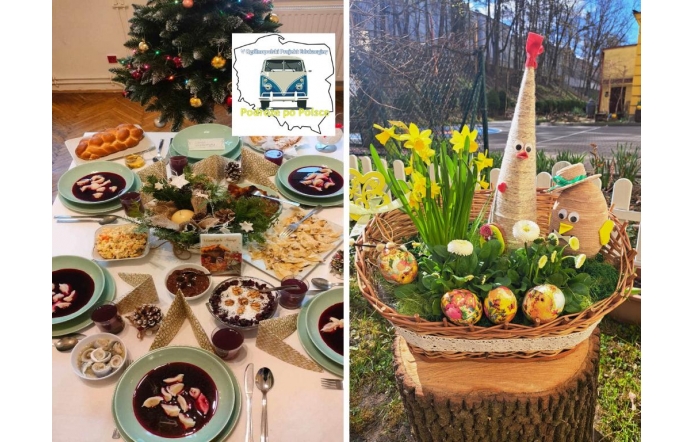 Świąteczny stół z zupą i ozdobami obok choinki. Obok kosz z wiosennymi kwiatami i ozdobnymi jajkami w ogrodzie. Na zdjęciu jest też logo z samochodem i napisem "Podróże po Polsce".