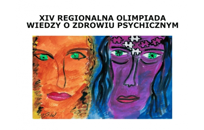 Czarny napis „XIV Regionalna Olimpiada Wiedzy o Zdrowiu Psychicznym” oraz dwie twarze w intensywnych barwach – pomarańczowa i fioletowa, obie z zielonymi oczami, z puzzlami na czole fioletowej.